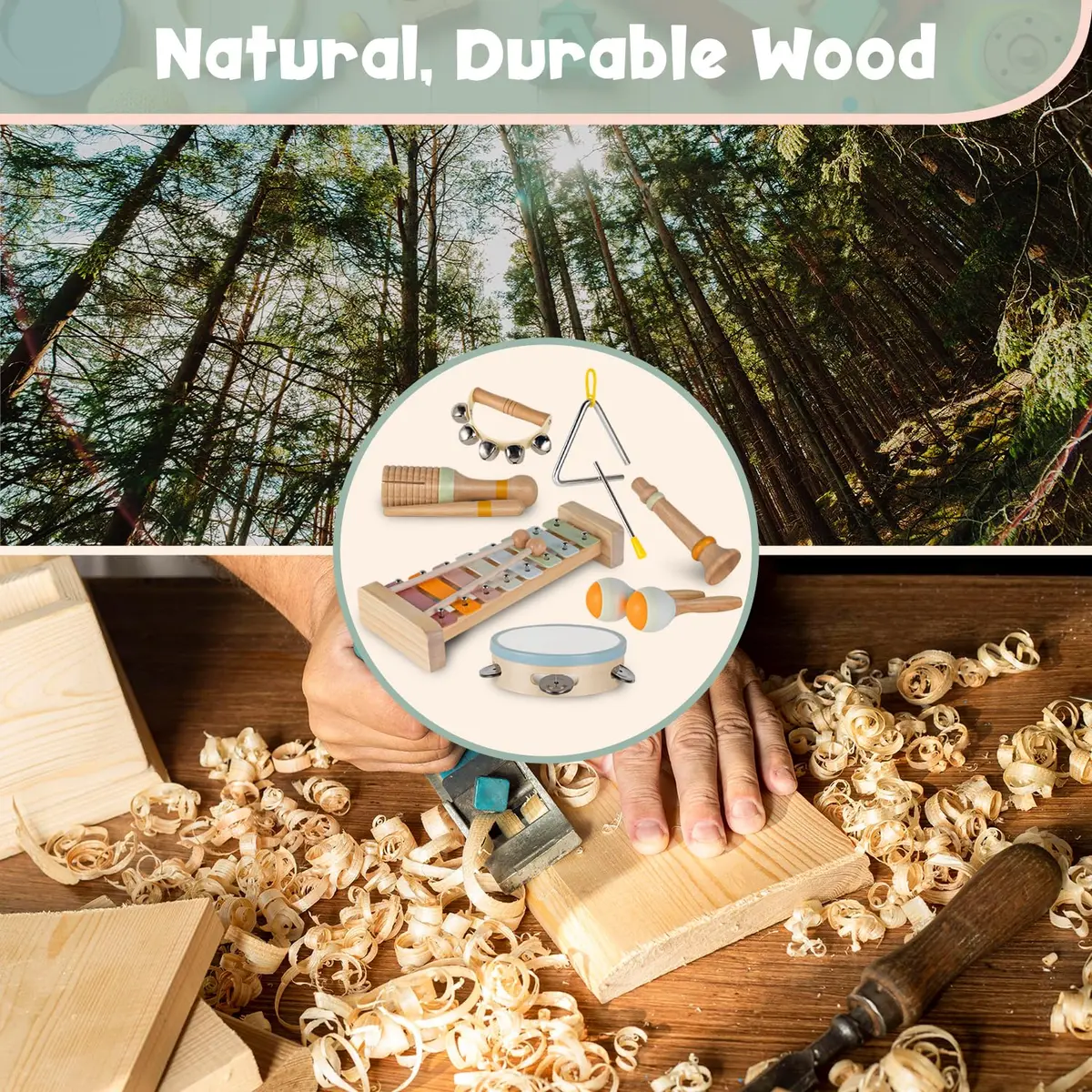 Stoie's Wooden Toddler Musical Instruments with Xylophone, Maracas, Triangle, Tamburine | Eco Friendly Montessori Toy for Kids 3-5 - view 3
