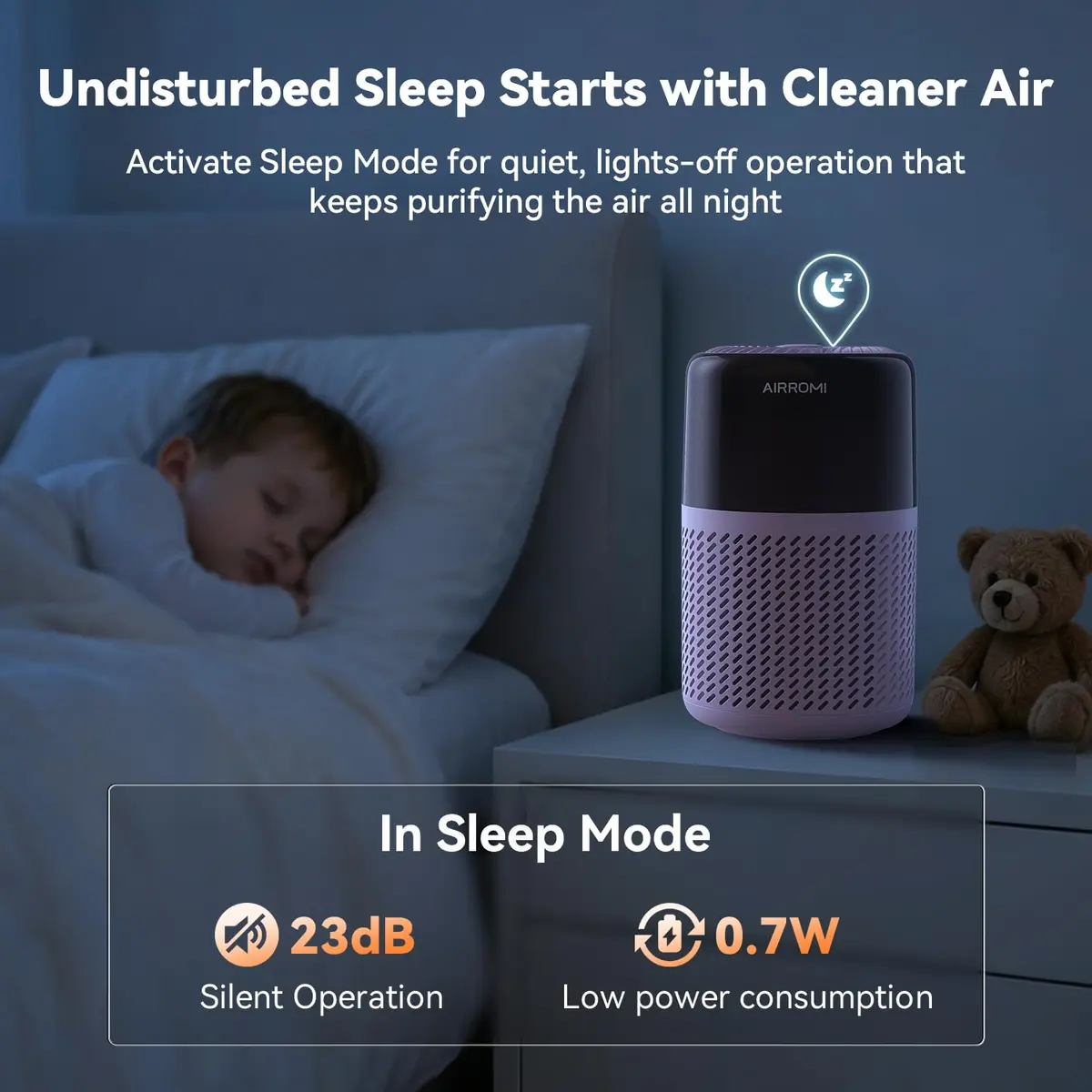 AIRROMI A2005 Purple HEPA Air Purifier for Bedroom & Home | 549 sq ft Coverage, 22 dB Sleep Mode - view 7
