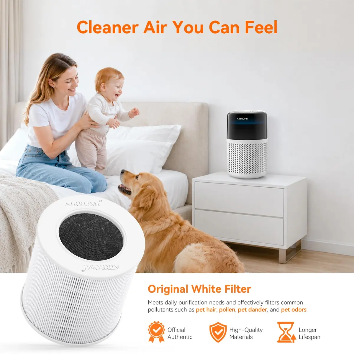 AIRROMI HEPA Air Purifier for Bedroom & Home, Pet Odor & Allergy Removal, 360° Air Cleaner, Quiet Sleep Mode, White - view 8