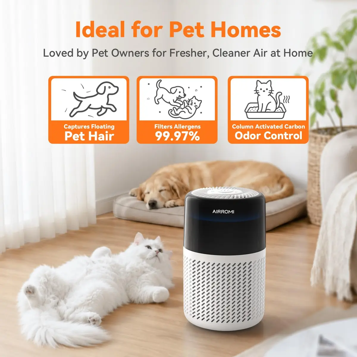 AIRROMI HEPA Air Purifier for Bedroom & Home, Pet Odor & Allergy Removal, 360° Air Cleaner, Quiet Sleep Mode, White - view 2