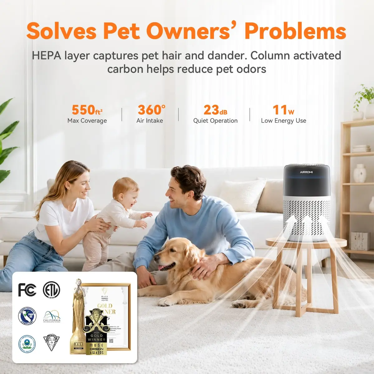AIRROMI HEPA Air Purifier for Bedroom & Home, Pet Odor & Allergy Removal, 360° Air Cleaner, Quiet Sleep Mode, White - view 3