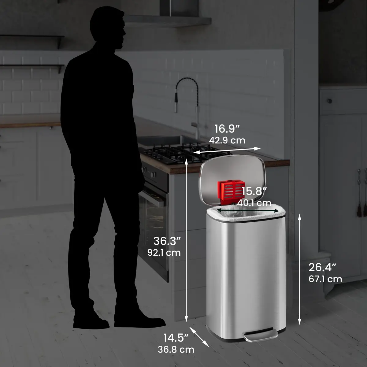 HLS COMMERCIAL 13.2 Gallon / 50L Fire-Resistant Stainless Steel Step Trash Can for Office, Restaurant, Hotel, Store, Business – FM Approved with Odor Filter and Removable Inner Bucket - view 3