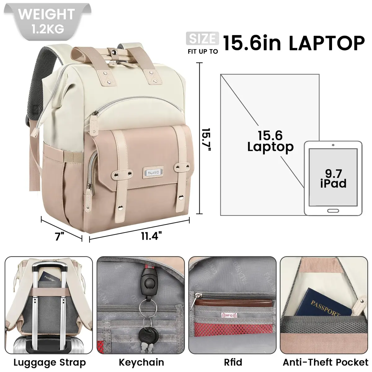 FALANKO Water Resistant Laptop Backpack for Women, 15.6 Inch | Large Capacity & RFID Security - view 5