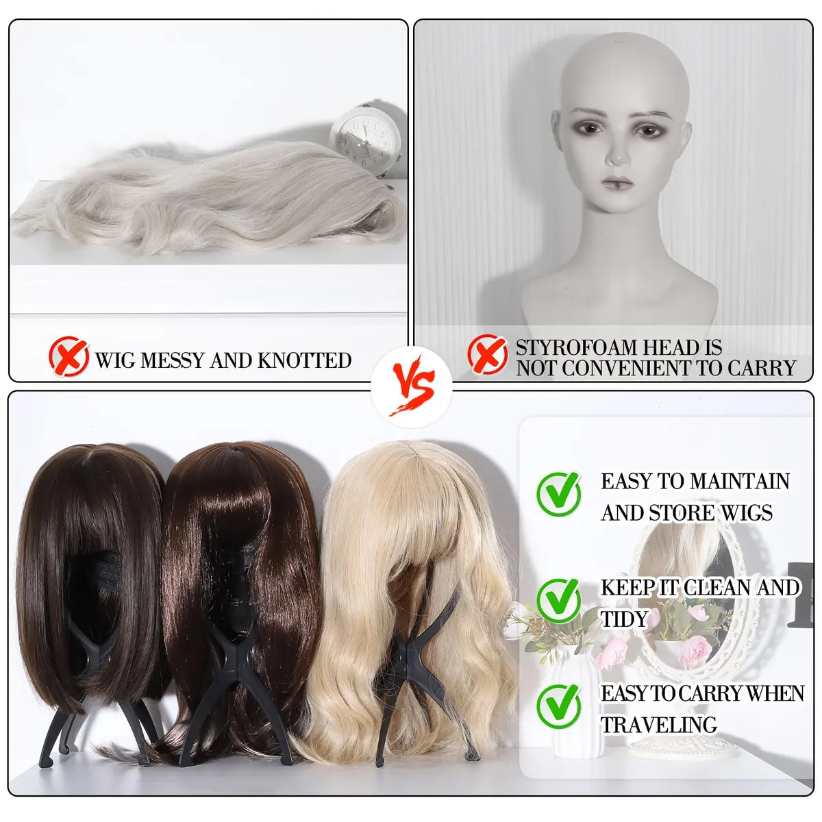 obeoby Wig Stand, Portable Foldable Wig Holder for Wigs (Black,3Pack) | Lightweight, Travel-Friendly, Maintains Wig Shape - view 5