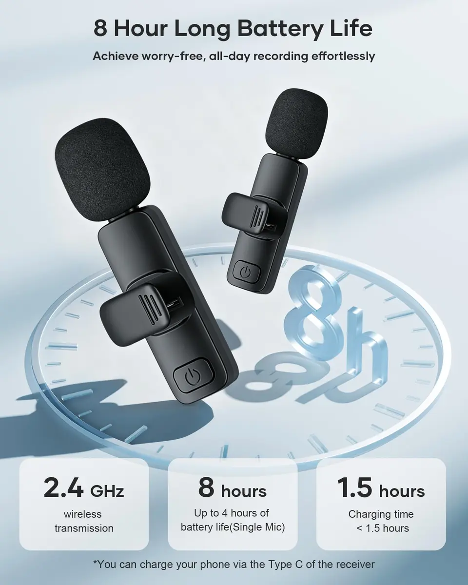 KUKIHO Wireless Lavalier Microphone 2 Pack | Noise Reduction, Plug & Play, Long Range, Rechargeable | Compatible with iPhone, iPad, Android - view 5