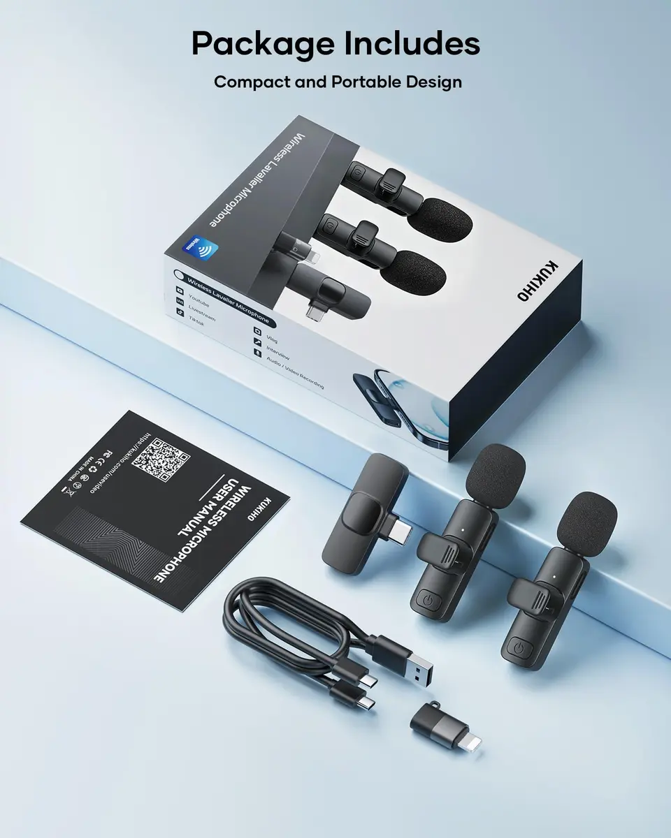 KUKIHO Wireless Lavalier Microphone 2 Pack | Noise Reduction, Plug & Play, Long Range, Rechargeable | Compatible with iPhone, iPad, Android - view 7