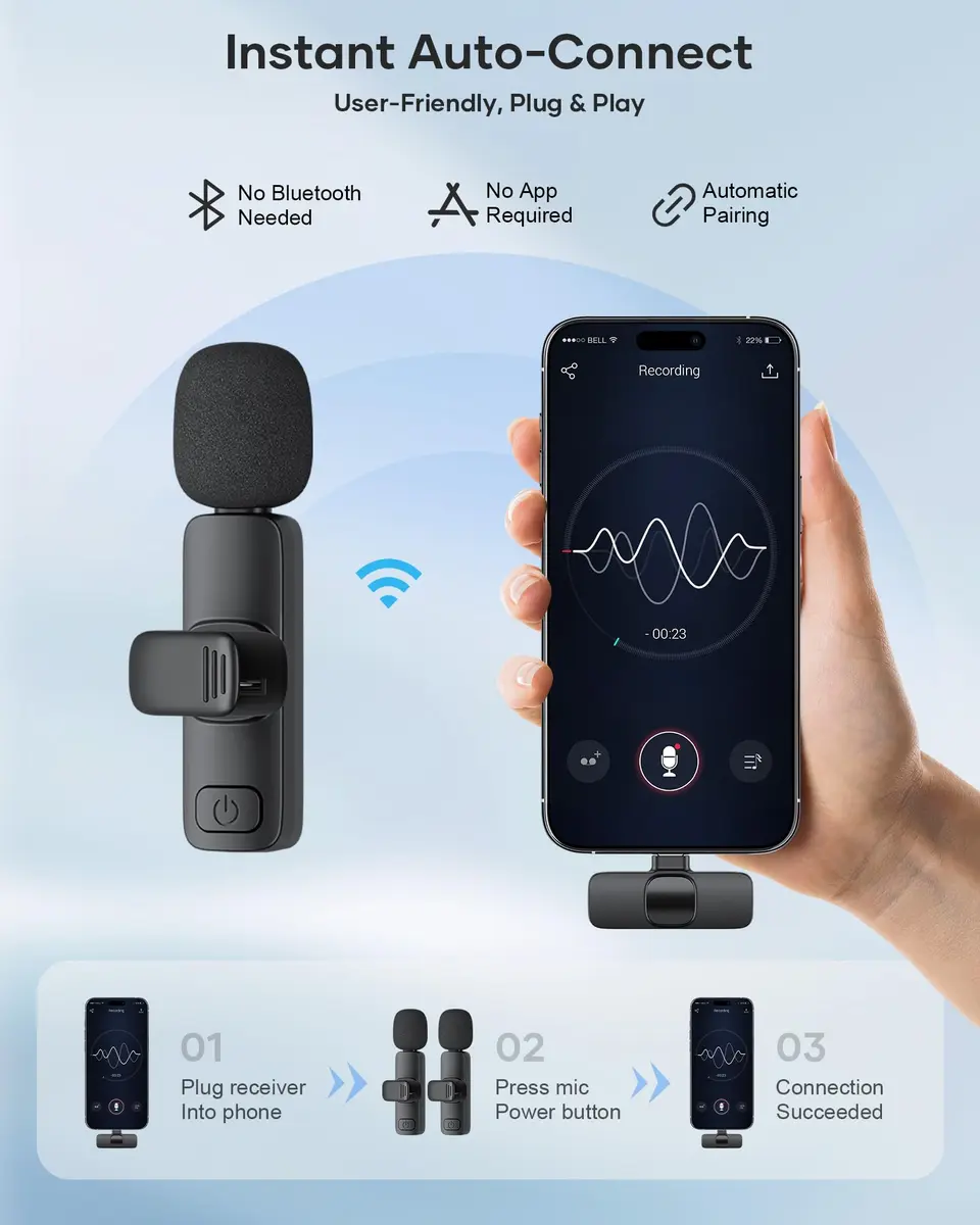 KUKIHO Wireless Lavalier Microphone 2 Pack | Noise Reduction, Plug & Play, Long Range, Rechargeable | Compatible with iPhone, iPad, Android - view 2