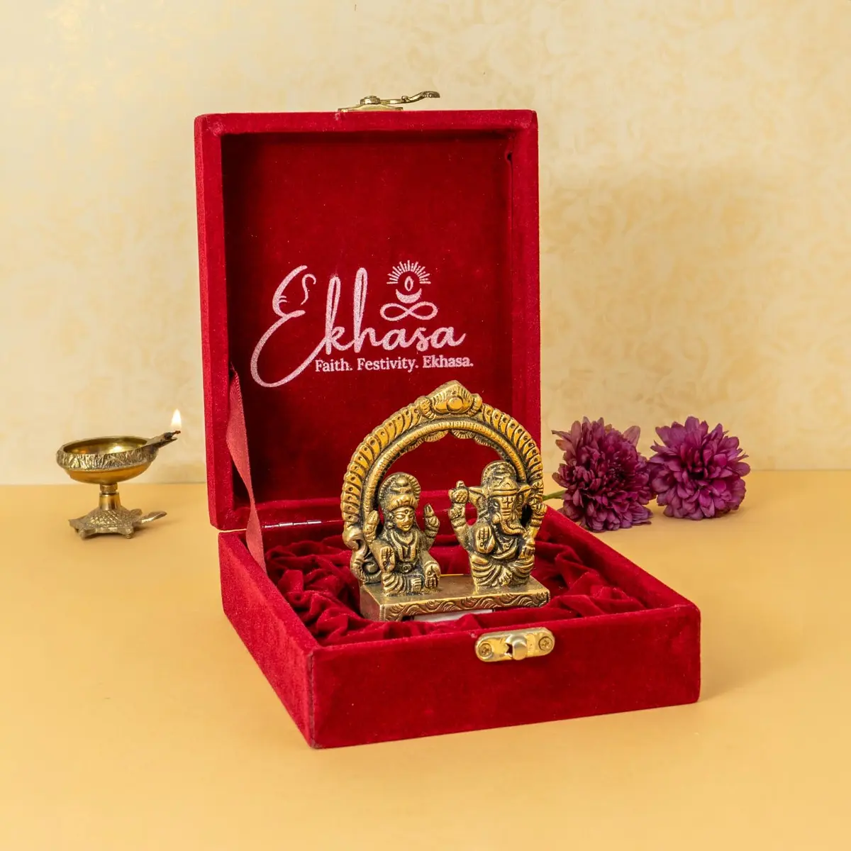 Ekhasa Brass Laxmi Ganesh Murti in Red Velvet Gift Box | Sacred Home & Gifting Decor - main product image