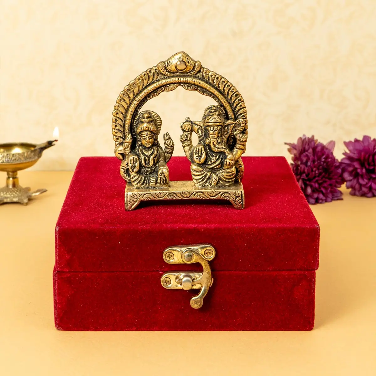 Ekhasa Brass Laxmi Ganesh Murti in Red Velvet Gift Box | Sacred Home & Gifting Decor - view 2