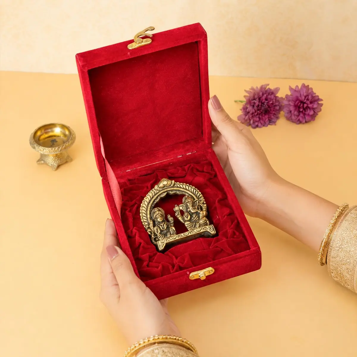 Ekhasa Brass Laxmi Ganesh Murti in Red Velvet Gift Box | Sacred Home & Gifting Decor - view 3