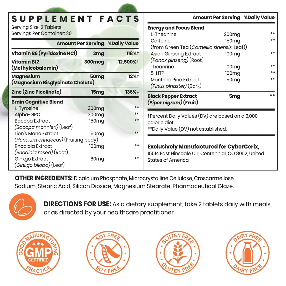 CyberCerix 17-in-1 Brain Supplement for Memory & Focus | Natural Nootropic Tablets for Concentration, Clarity, Energy & Focus - 60 Tablets - view 2