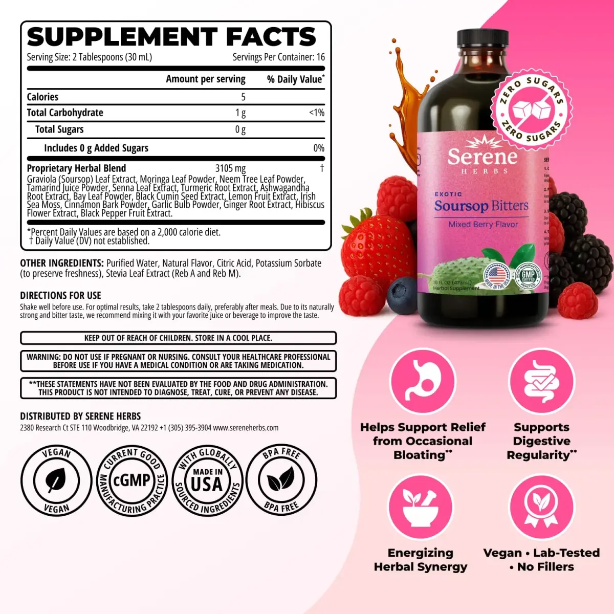 Serene Herbs Soursop Bitters Liquid 473ml (16 Fl Oz) | Supports Gut Cleanse & Immune Boost - view 3