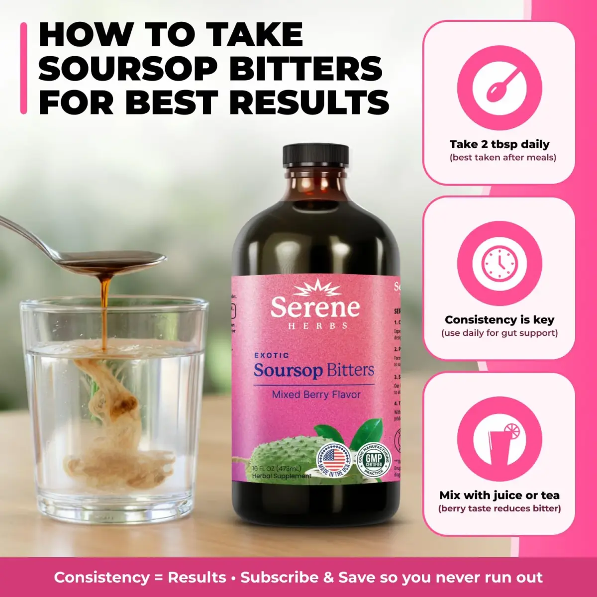 Serene Herbs Soursop Bitters Liquid 473ml (16 Fl Oz) | Supports Gut Cleanse & Immune Boost - view 4