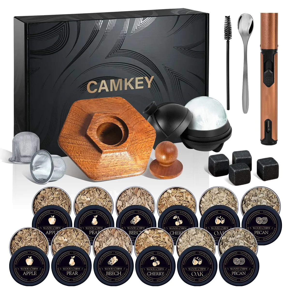 CAMKEY 23Pcs Whiskey Smoker Kit with Torch & 12 Wood Chips | Oak Wood Infuser Set - main product image