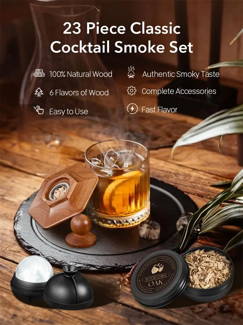 CAMKEY 23Pcs Whiskey Smoker Kit with Torch & 12 Wood Chips | Oak Wood Infuser Set - view 2