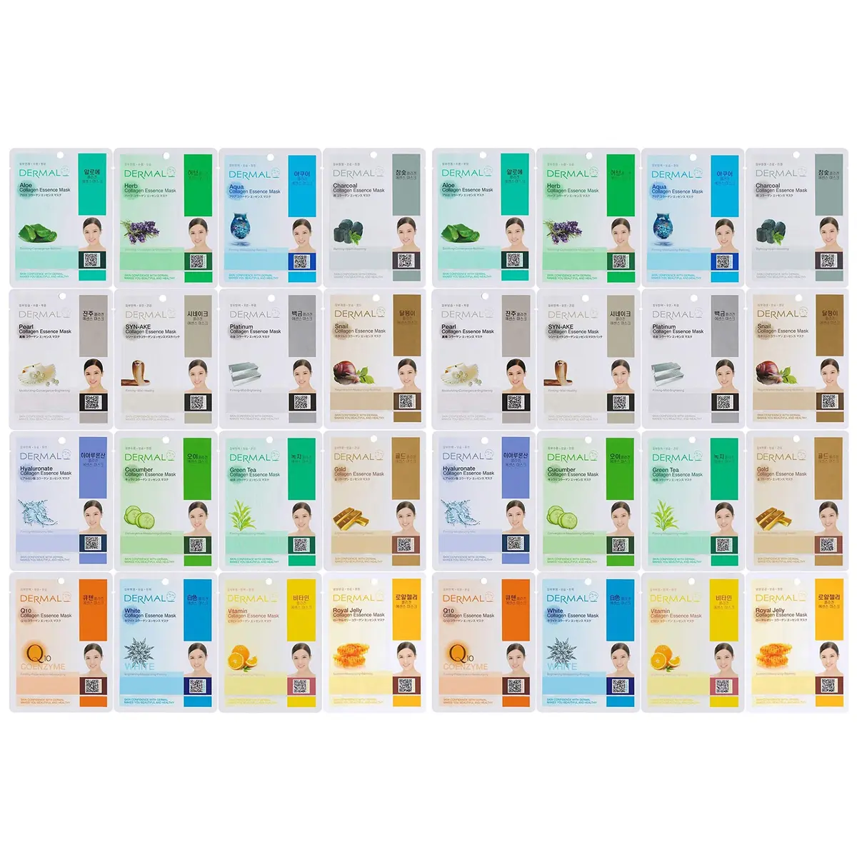DERMAL 32 Combo Pack Korean Facial Sheet Masks | Hydrating, Brightening, Elasticizing for All Skin Types - main product image