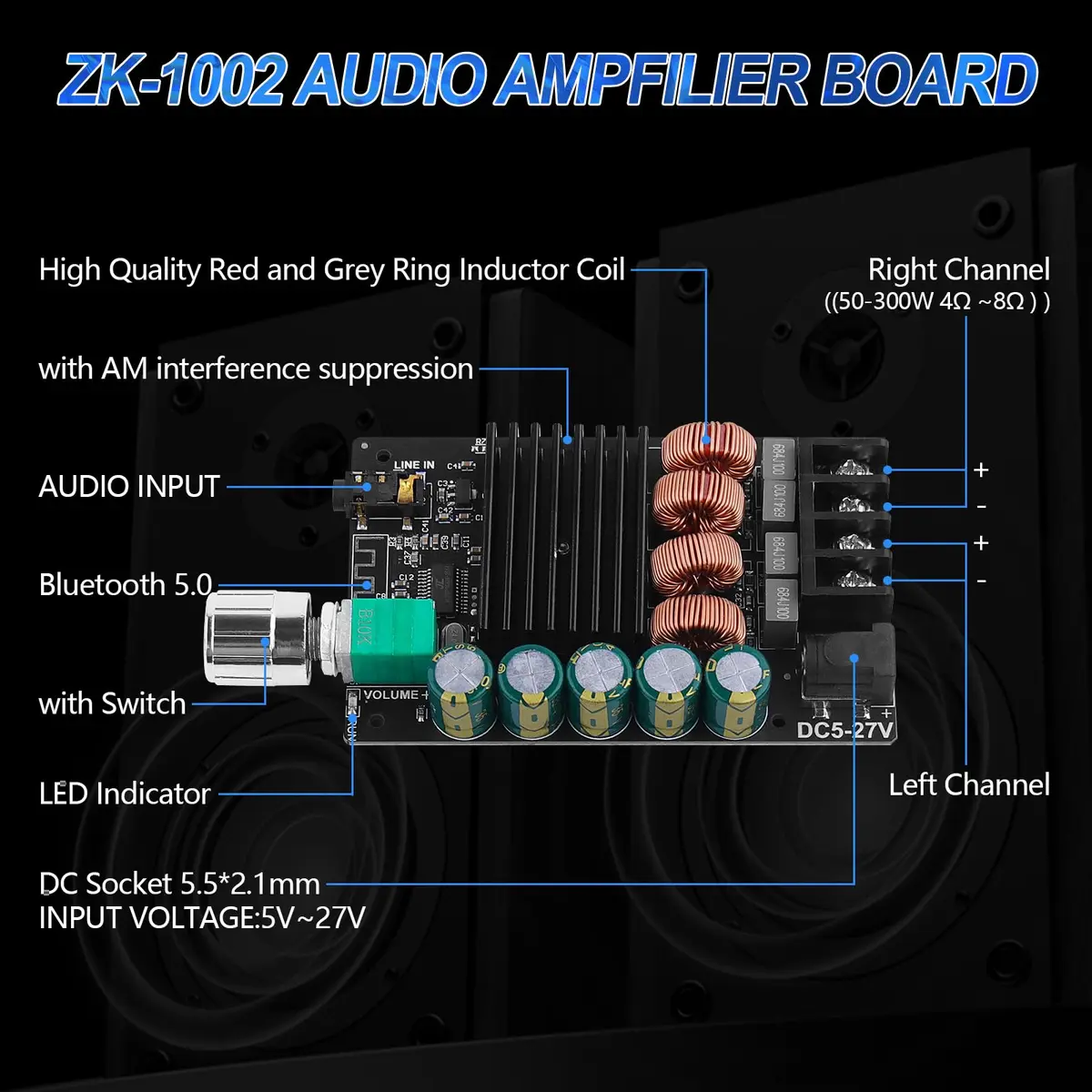 ARRAROWN ZK-1002 Bluetooth 5.0 Amplifier Board 100W x 2 (200W Total) HiFi Stereo Amp Module - view 5