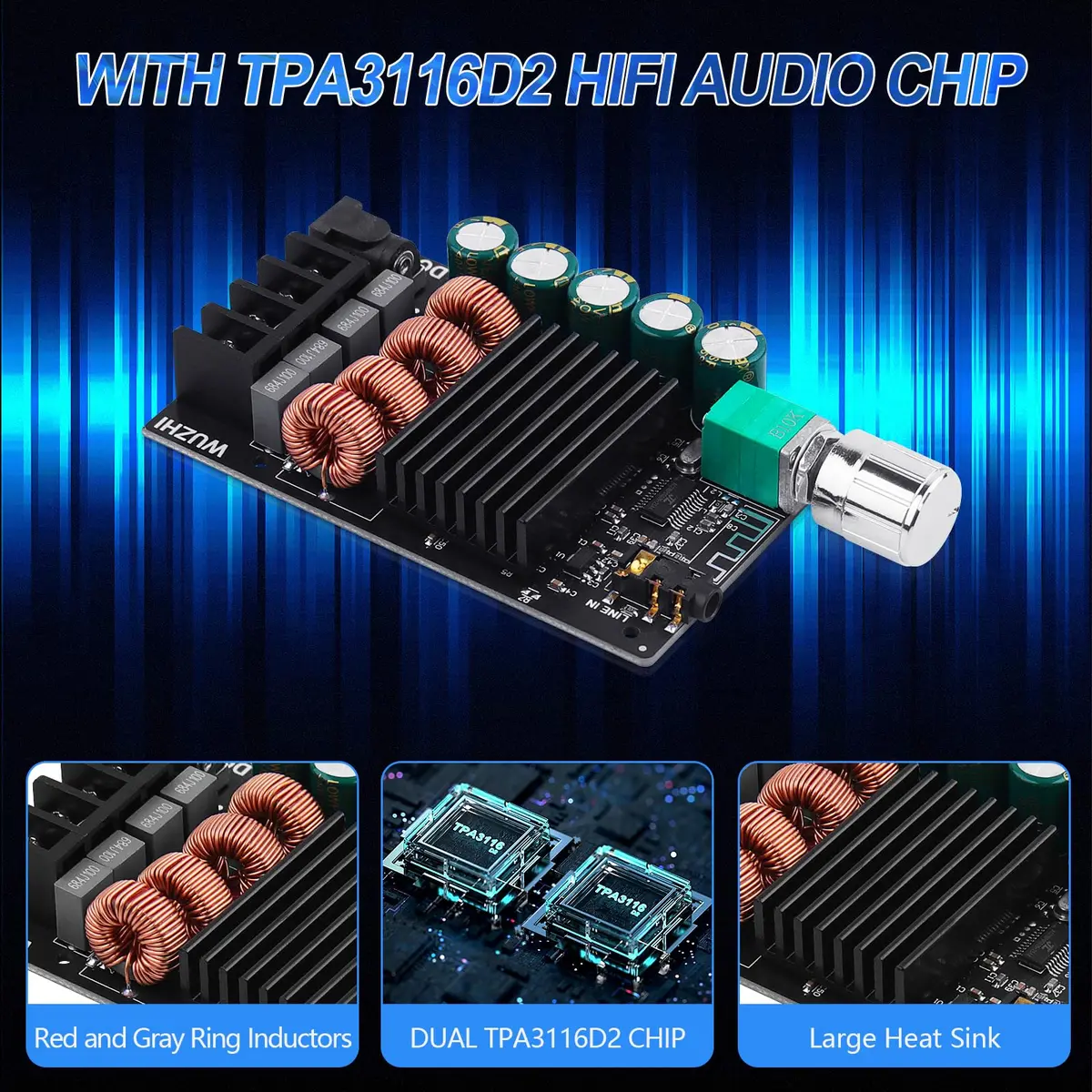 ARRAROWN ZK-1002 Bluetooth 5.0 Amplifier Board 100W x 2 (200W Total) HiFi Stereo Amp Module - view 2