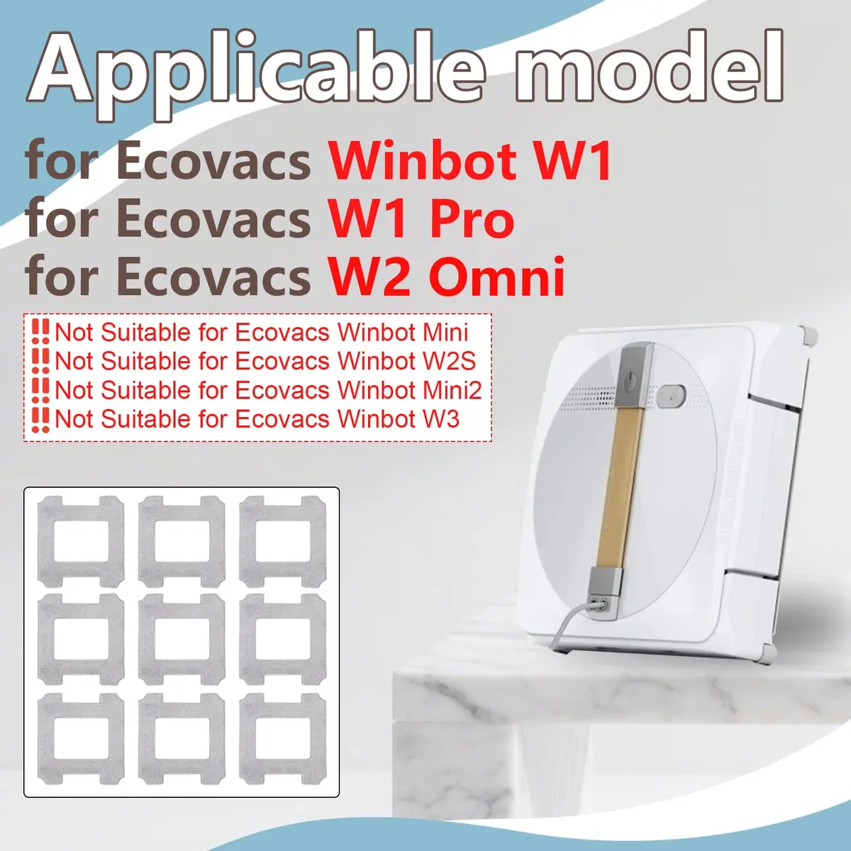 Frexusuent Replacement Mop Pads for Ecovacs Winbot W2 Omni, W1 Pro, W1 Window Vacuum Cleaner (9-Pack) - view 2