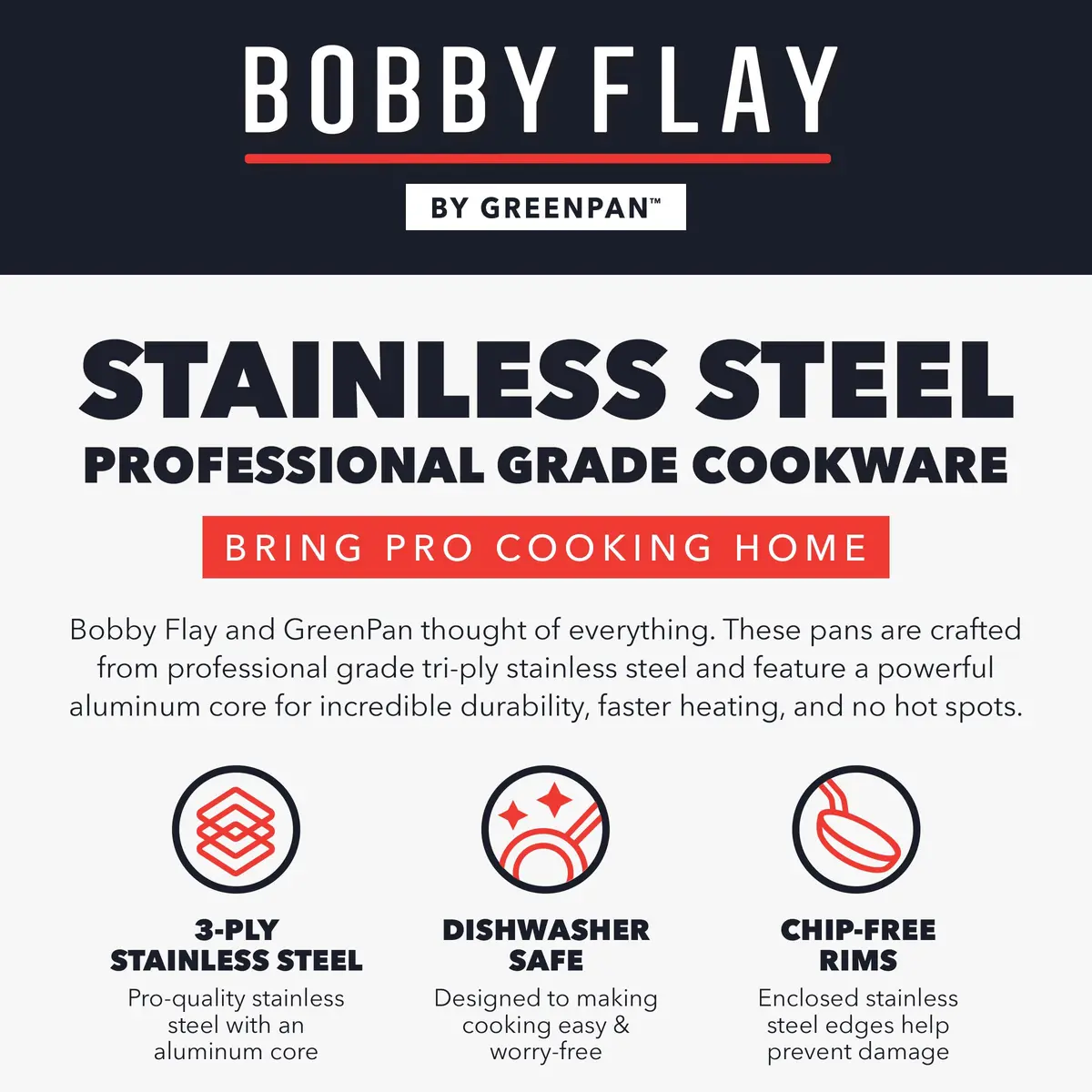 GreenPan x Bobby Flay Stainless Steel 8” & 10” Frying Pan Set | Professional Tri-Ply, PFAS-Free Ceramic Nonstick, Induction & Oven Safe - view 7