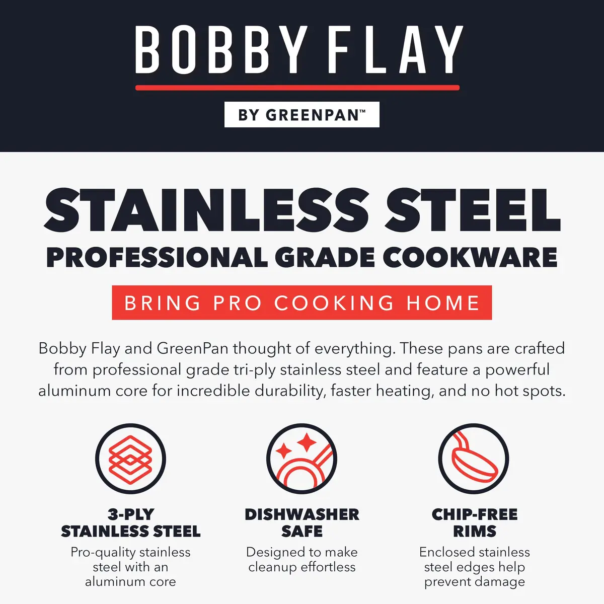 GreenPan x Bobby Flay Stainless Steel 12 Piece Cookware Set | Professional Grade Tri-Ply, PFAS-Free Nonstick, Induction & Oven Safe - view 8