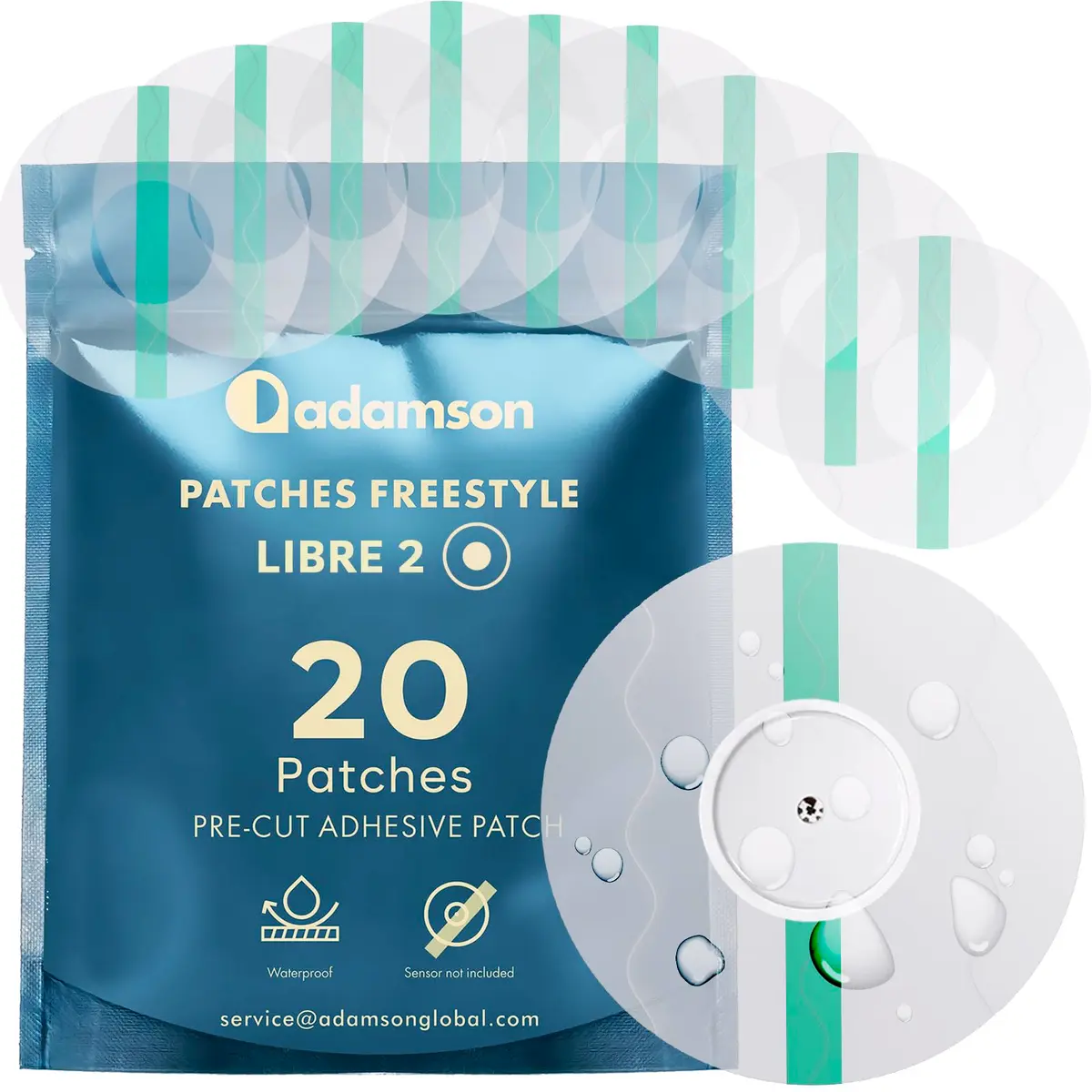 Adamson Freestyle Libre 2 Waterproof Sensor Cover 20 Pack | No Glue, Skin-Friendly, Discreet & Durable - main product image