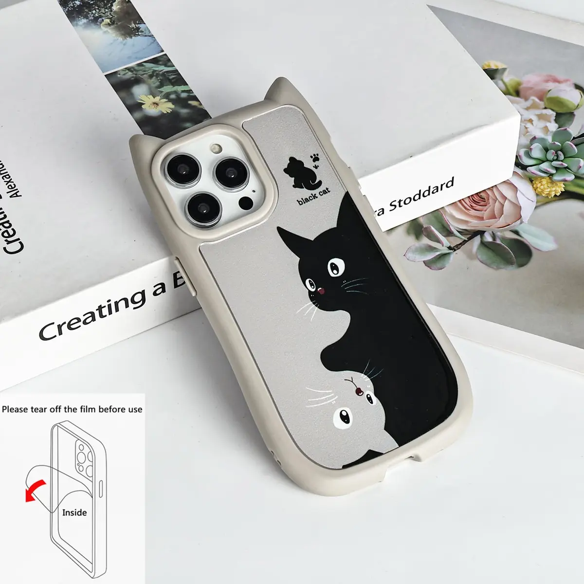 Uioeua Compatible with iPhone 14 Pro Case | Cute Kawaii Cat Cartoon 3D Ears Design | Gray - view 2