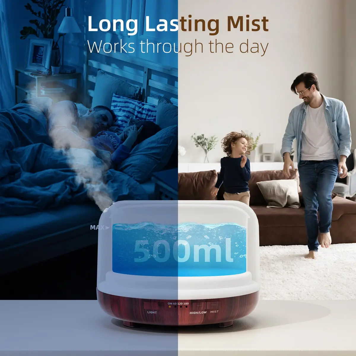 ASAKUKI Essential Oil Diffuser for Home, 500ML Aromatherapy Humidifier with Remote Control & 7 Color LED Lights | 168.9ml (5.74 Fl Oz) Coverage - view 2