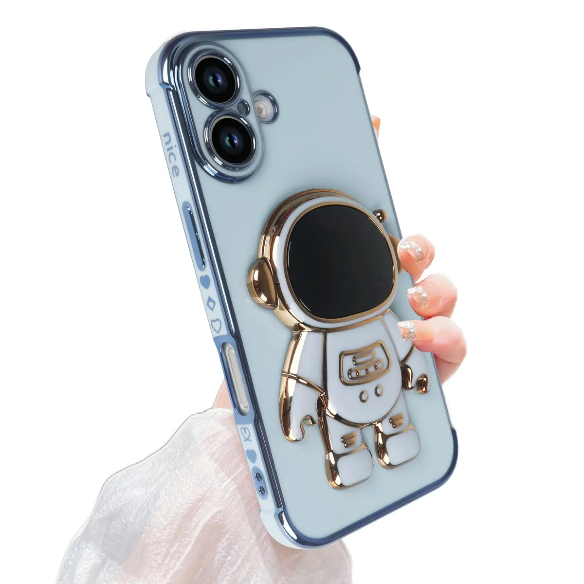 Omio iPhone 16 Case with Astronaut Stand & Love Heart Pattern | Slim Soft TPU Cover Blue - main product image