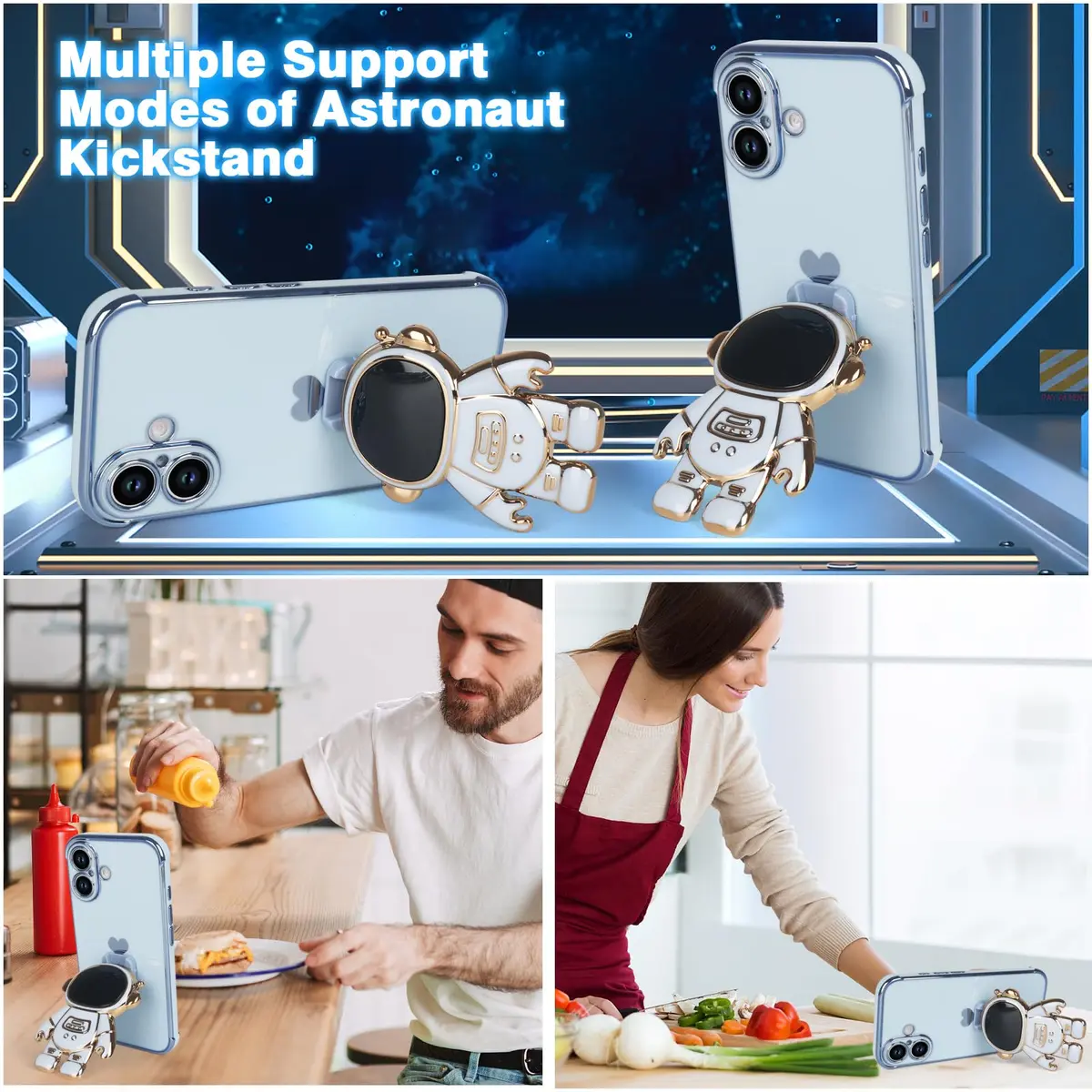 Omio iPhone 16 Case with Astronaut Stand & Love Heart Pattern | Slim Soft TPU Cover Blue - view 2