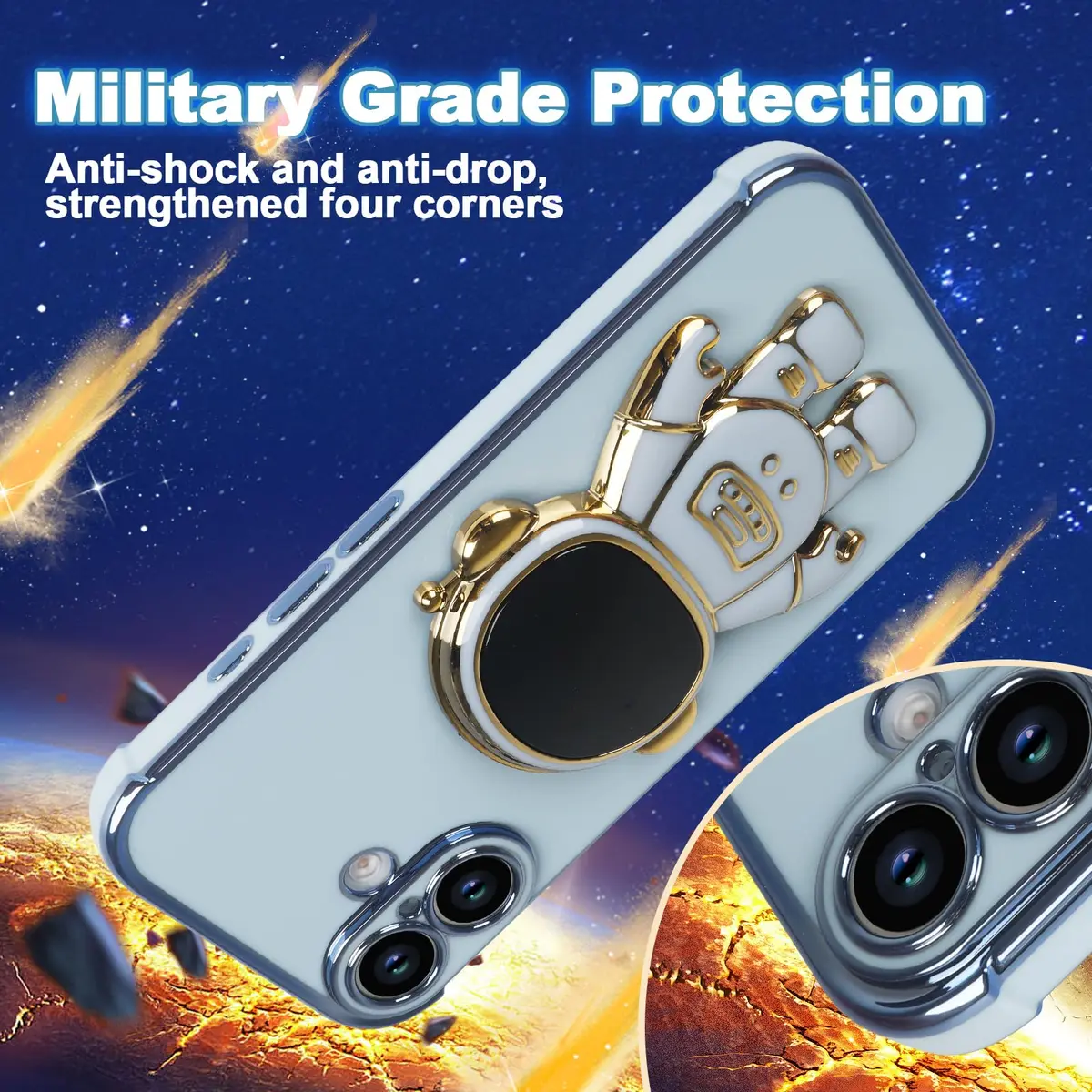 Omio iPhone 16 Case with Astronaut Stand & Love Heart Pattern | Slim Soft TPU Cover Blue - view 3