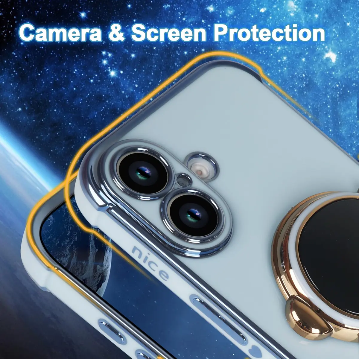 Omio iPhone 16 Case with Astronaut Stand & Love Heart Pattern | Slim Soft TPU Cover Blue - view 4