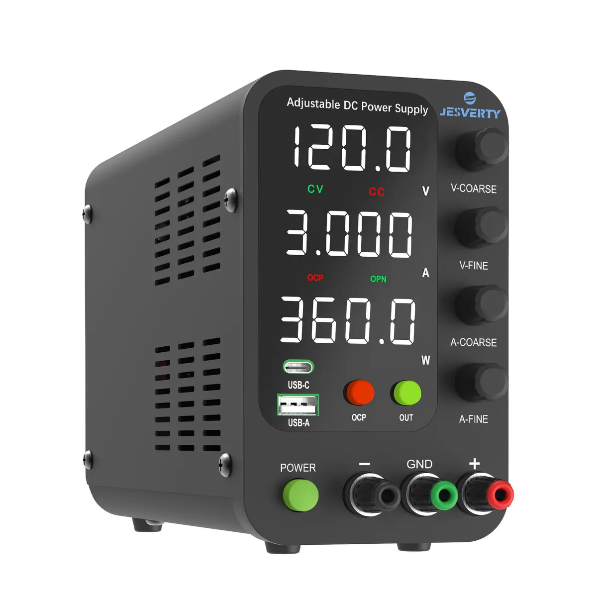 Jesverty SPS-12003V Variable DC Power Supply 0-120V 0-3A | 20W USB-C Quick-Charge, Encoder Knob, 4-Digit LED Display - main product image