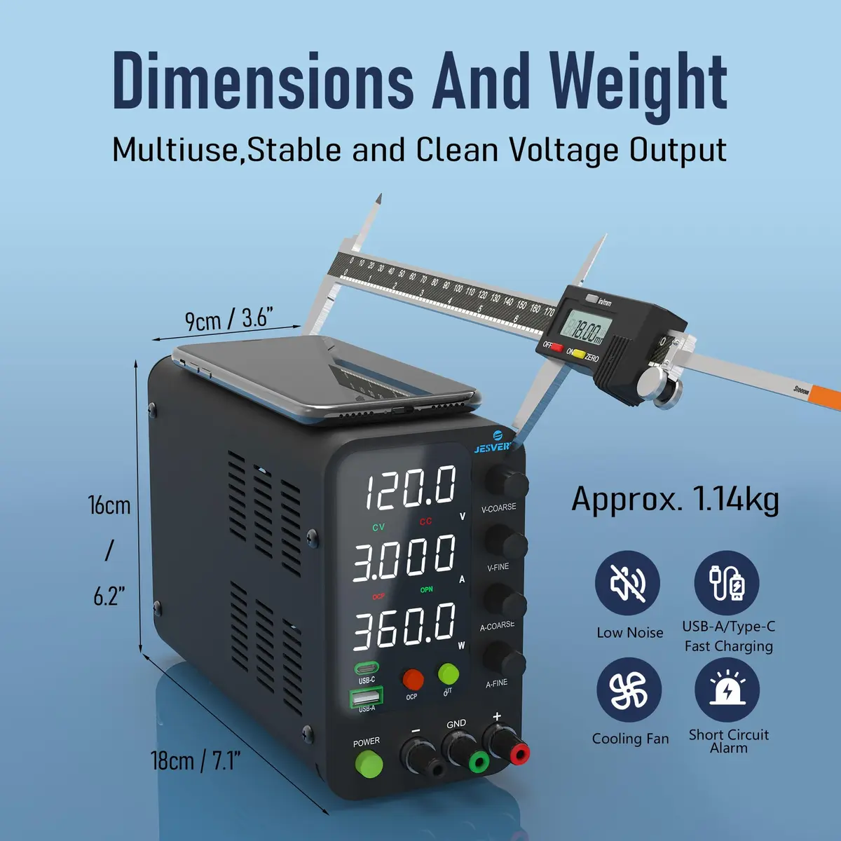 Jesverty SPS-12003V Variable DC Power Supply 0-120V 0-3A | 20W USB-C Quick-Charge, Encoder Knob, 4-Digit LED Display - view 5