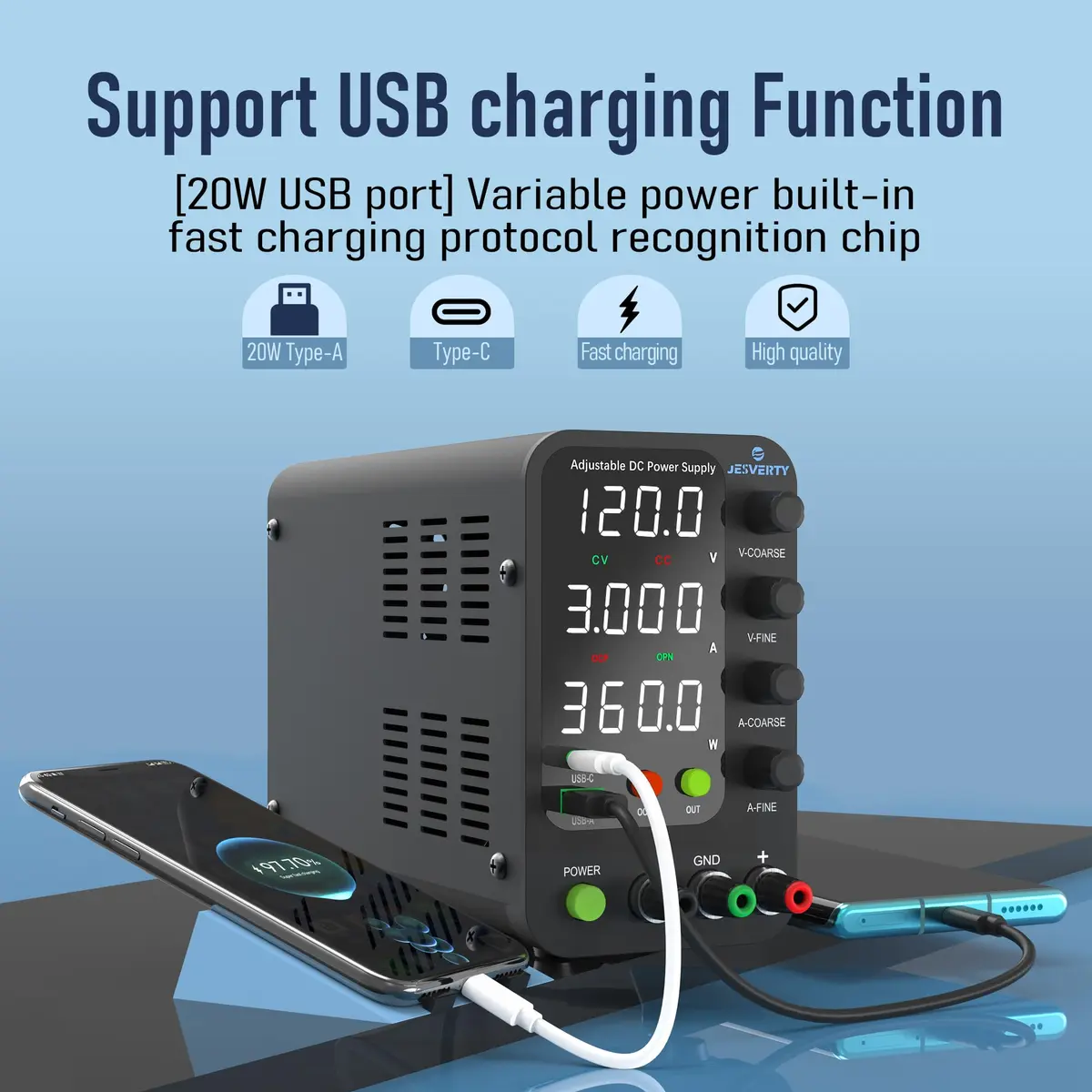 Jesverty SPS-12003V Variable DC Power Supply 0-120V 0-3A | 20W USB-C Quick-Charge, Encoder Knob, 4-Digit LED Display - view 2