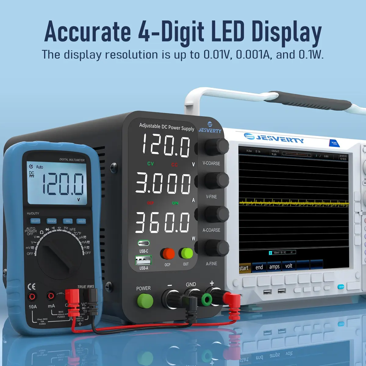 Jesverty SPS-12003V Variable DC Power Supply 0-120V 0-3A | 20W USB-C Quick-Charge, Encoder Knob, 4-Digit LED Display - view 3