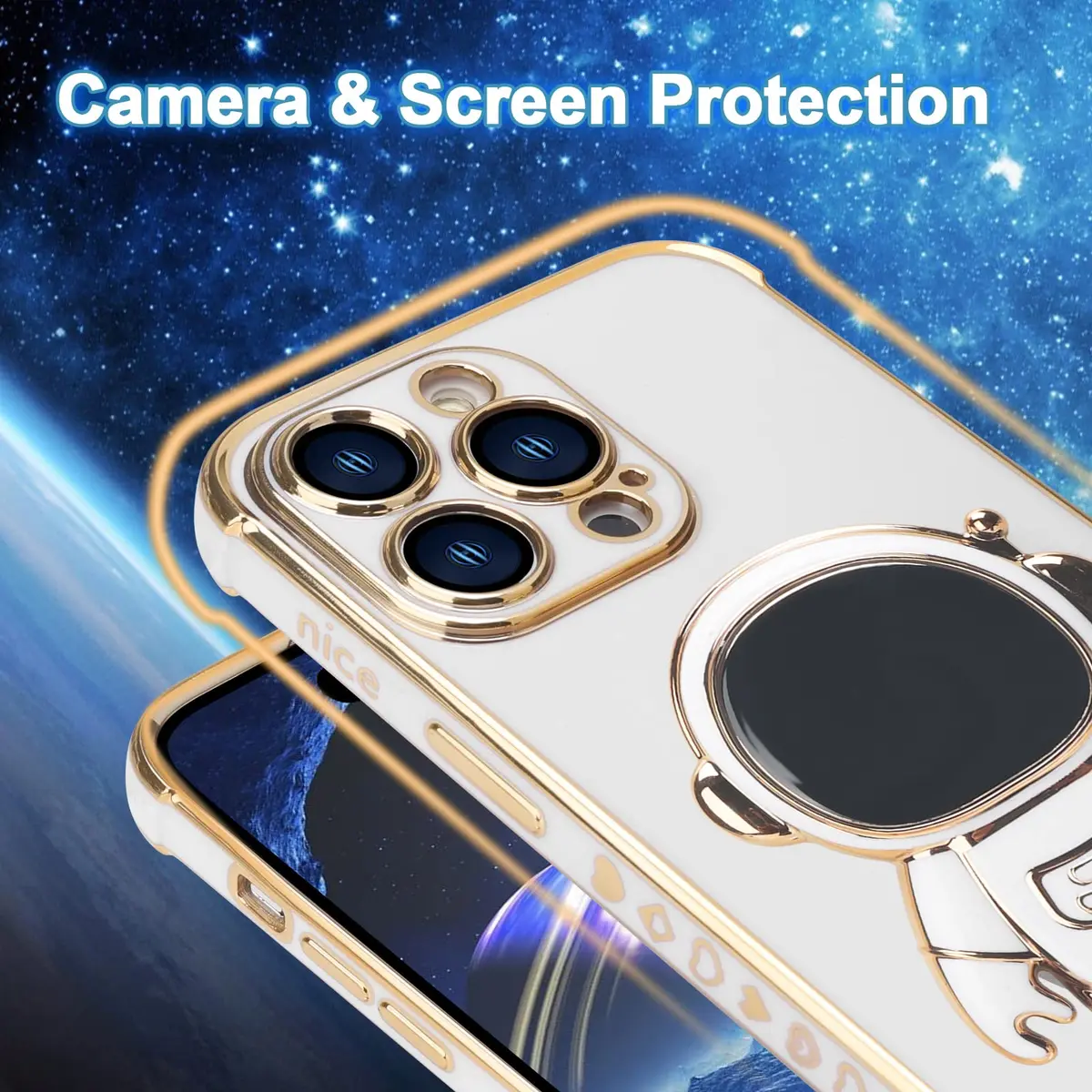 Omio iPhone 16 Pro Max Case with Astronaut Stand | Love Heart Design Slim TPU Cover White - view 4
