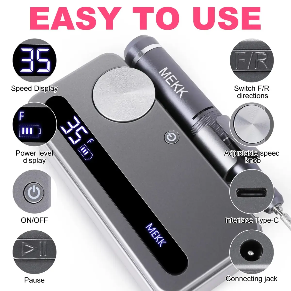 MEKK Cordless Nail Drill Kit 35000RPM with LCD Display & 12 Bits | Professional Electric Nail File for Home & Salon - view 5