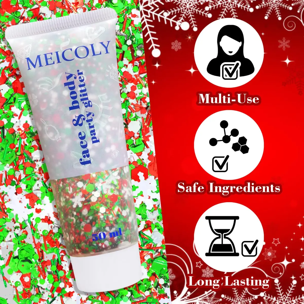 MEICOLY Red White Green Glitter Gel for Face & Body | 50ml (1.76 Fl Oz) - view 6
