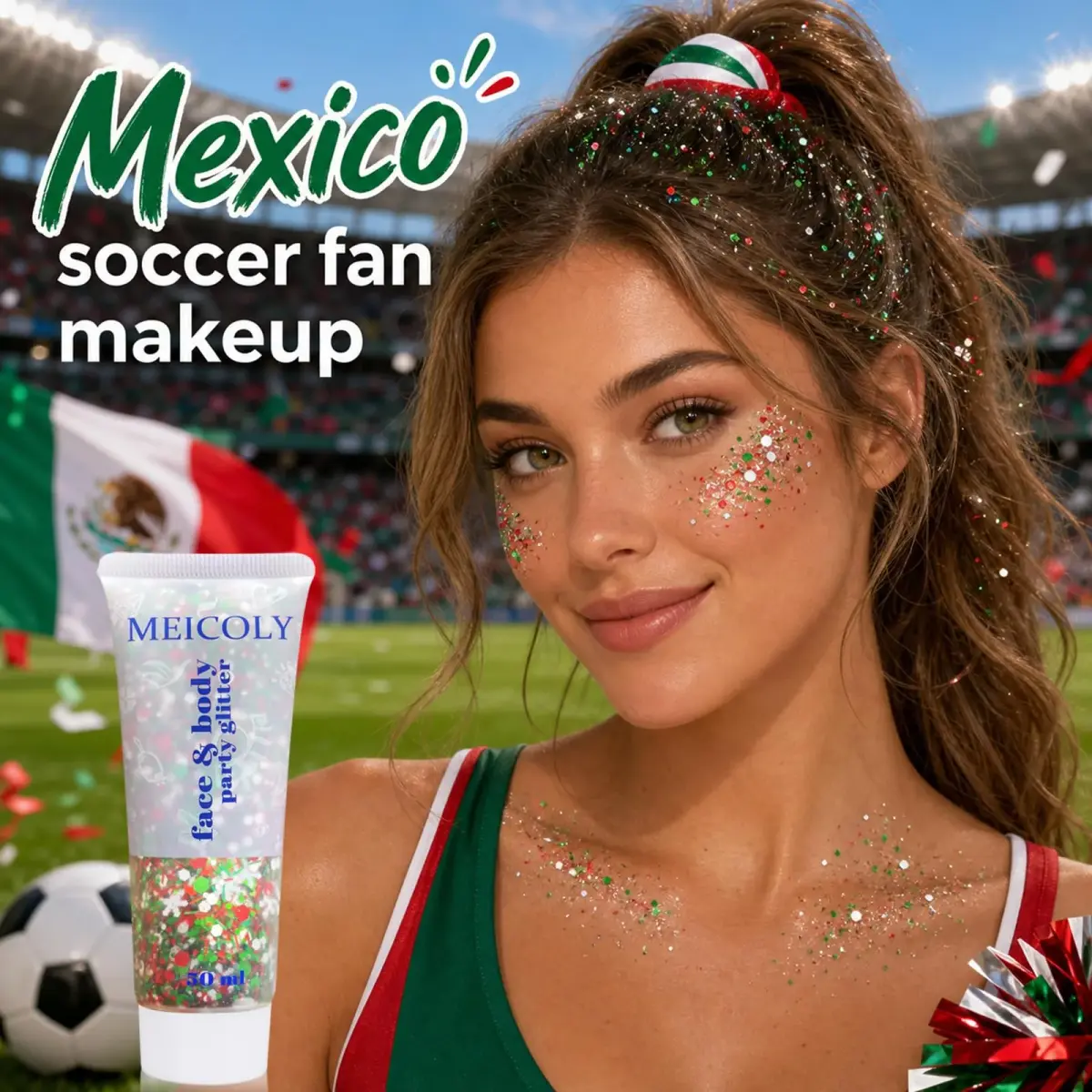 MEICOLY Red White Green Glitter Gel for Face & Body | 50ml (1.76 Fl Oz) - view 2