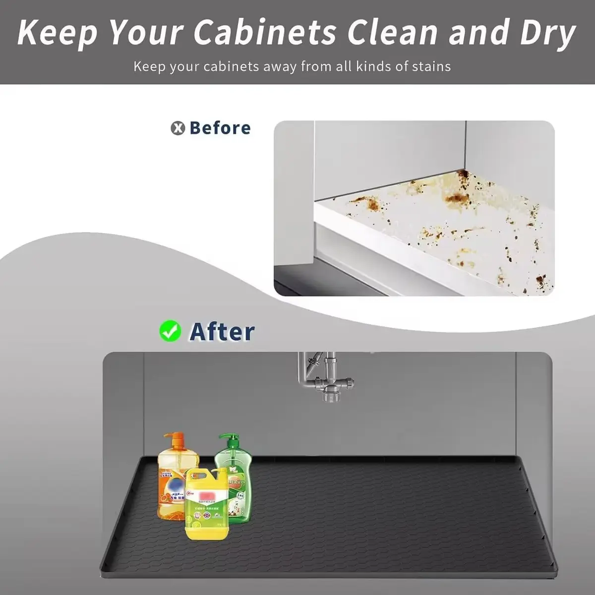 Sazteay Under Kitchen Sink Mat 28" x 19" Waterproof Silicone Protector for Kitchen & Bathroom Cabinets - view 7