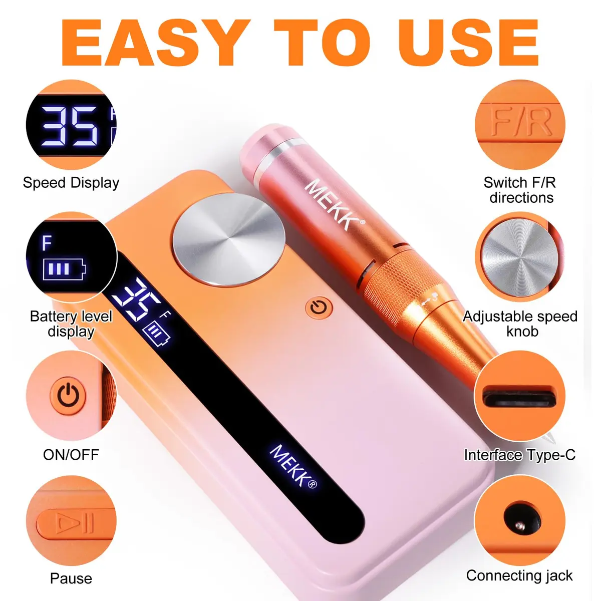 MEKK Professional Nail Drill 35000RPM Cordless E-File | 17.7cm (6.97in) Orange-Pink - view 5