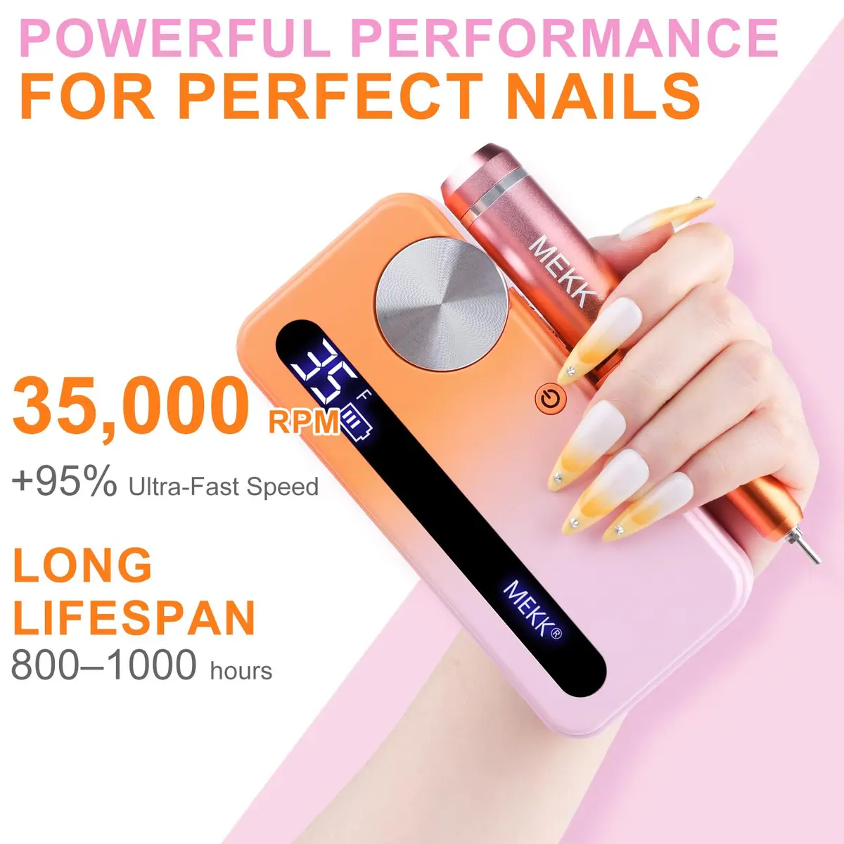 MEKK Professional Nail Drill 35000RPM Cordless E-File | 17.7cm (6.97in) Orange-Pink - view 6