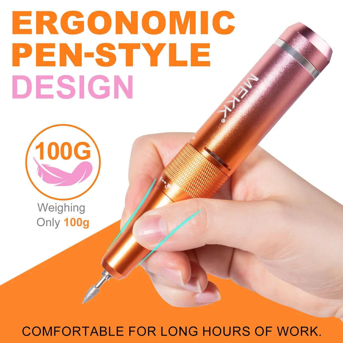 MEKK Professional Nail Drill 35000RPM Cordless E-File | 17.7cm (6.97in) Orange-Pink - view 7