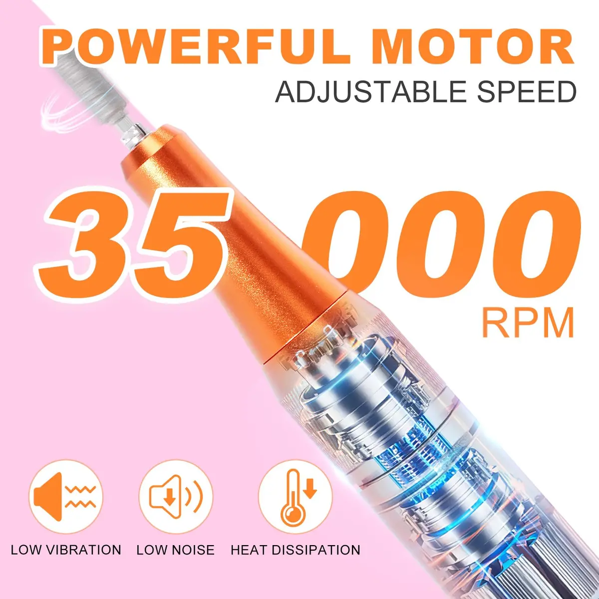 MEKK Professional Nail Drill 35000RPM Cordless E-File | 17.7cm (6.97in) Orange-Pink - view 2