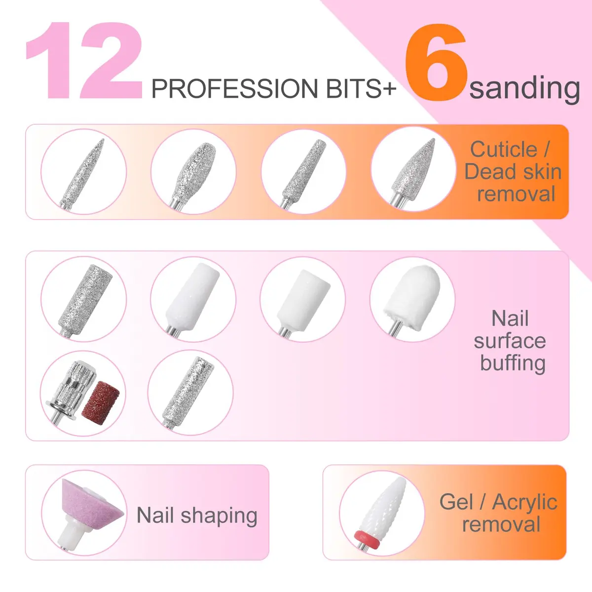 MEKK Professional Nail Drill 35000RPM Cordless E-File | 17.7cm (6.97in) Orange-Pink - view 4