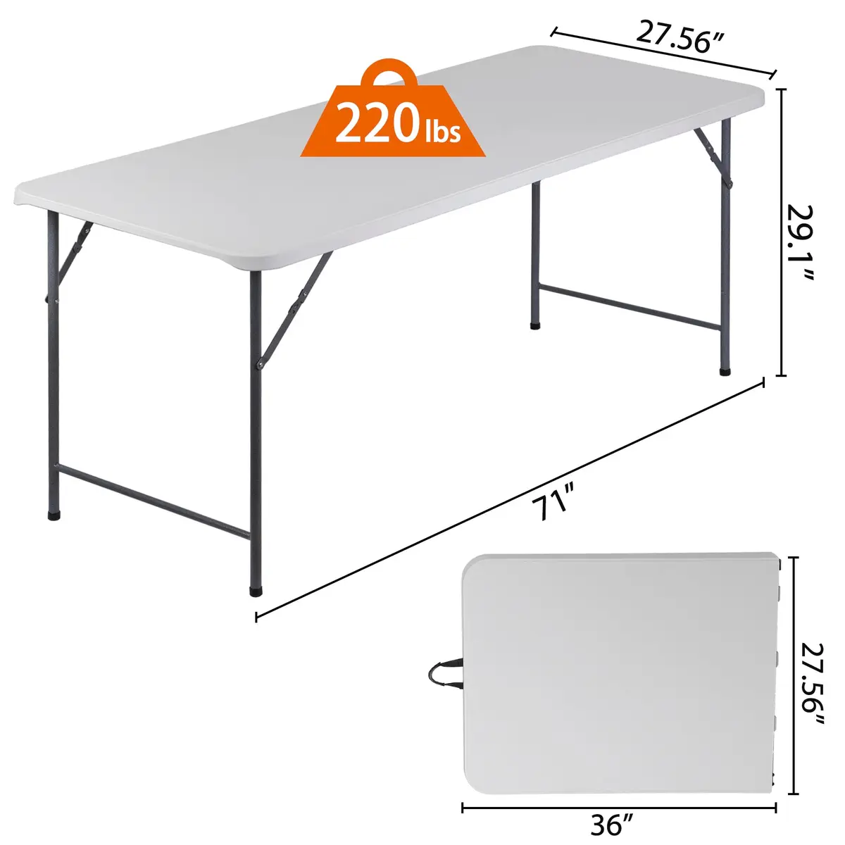 ZenStyle 6 ft Folding Table - 71"x27" Rectangular Portable Plastic Table for Indoor, Outdoor, Camping, Parties & Events | Lightweight Multi-Purpose Utility & Dining Table - view 5