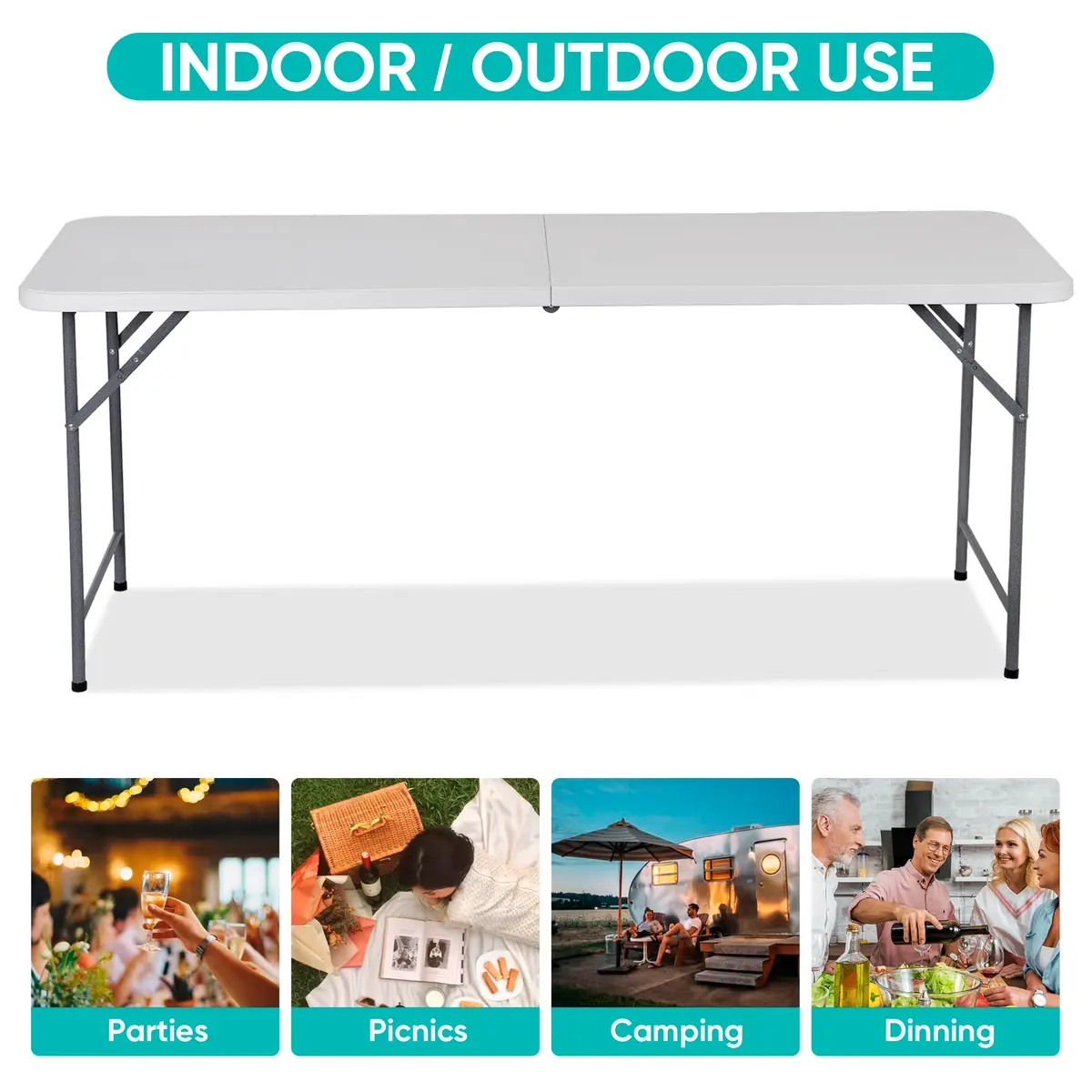 ZenStyle 6 ft Folding Table - 71"x27" Rectangular Portable Plastic Table for Indoor, Outdoor, Camping, Parties & Events | Lightweight Multi-Purpose Utility & Dining Table - view 8