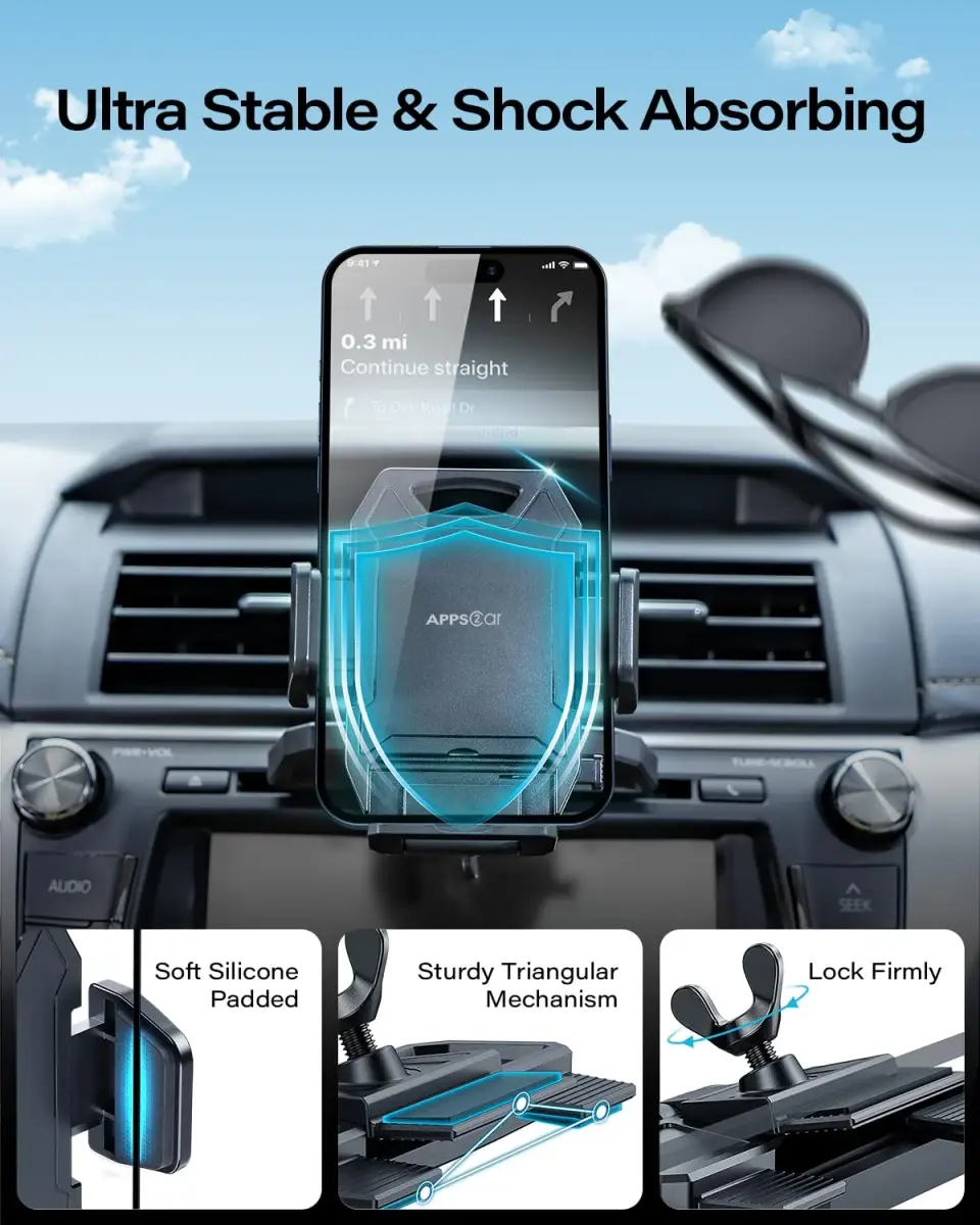 APPS2Car Sturdy CD Slot Phone Mount with Upgraded Wireless Charger 15W | One-Hand Operation, Hands-Free Car Phone Holder Compatible with iPhone 17 Pro Max Plus 16 15 14 13 12 11, Samsung S25 S24 S23 - view 3
