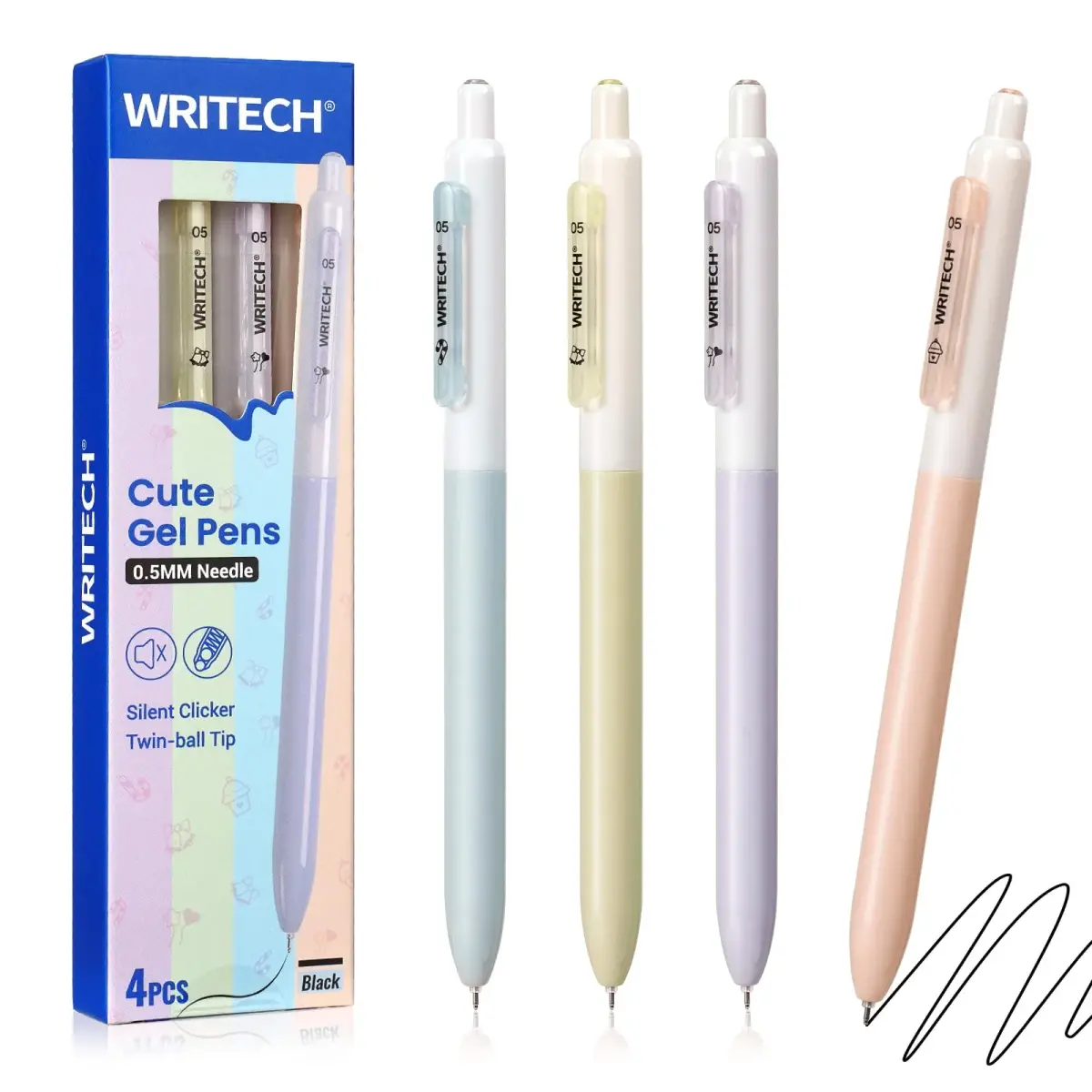 WRITECH Gel Pens Fine Point 0.5mm Black Silent Click Needle Tip 4ct | Smooth Ink Flow - main product image